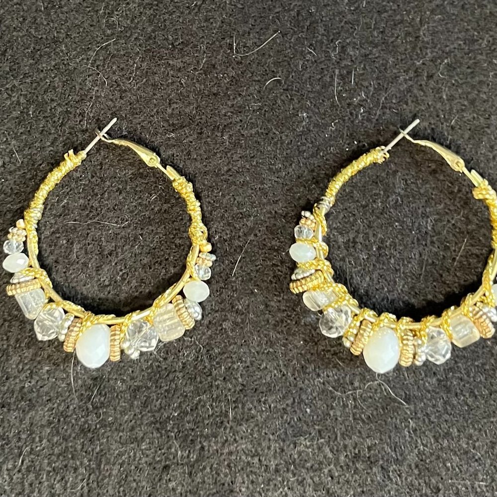 Ornate Hoop Crystal Gold Tone French Clip Earrings 2 ¾” Diameter
